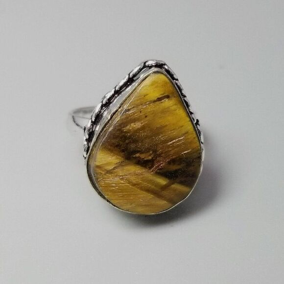 Vintage Tigers Eye Brown Stone Ring Bezel Set Silver Tone Band, Size 6.5, Estate - Picture 7 of 8